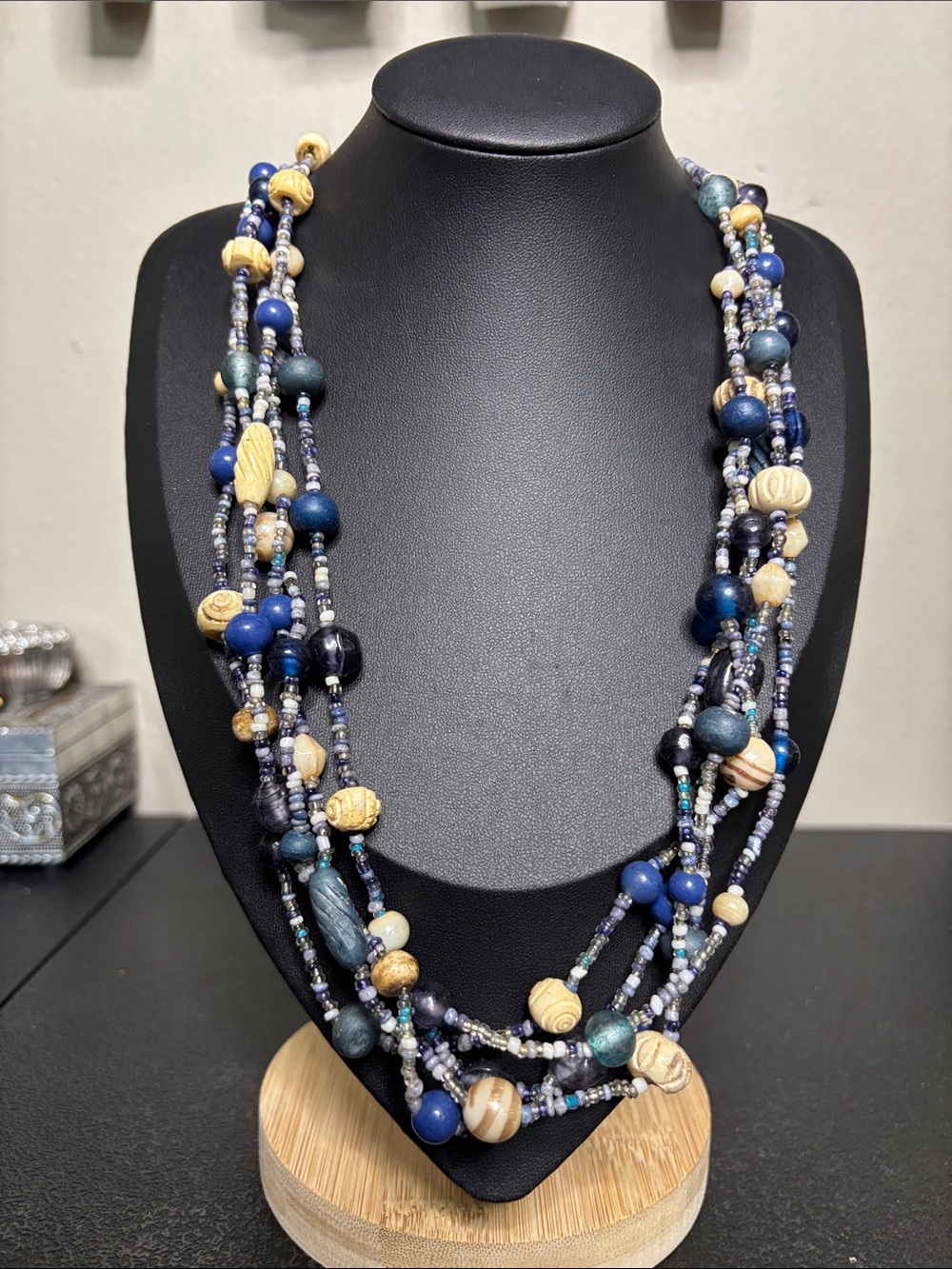 Mixed Media Glass Vintage Multi-Strand Blue Cream Beaded Necklace